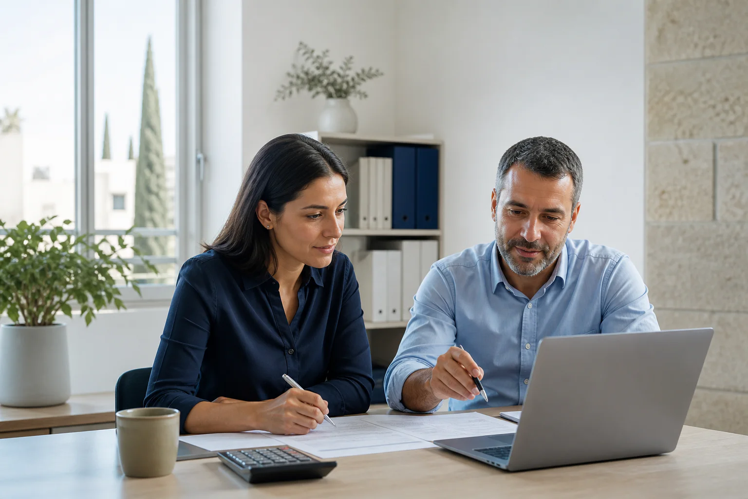Payroll professionals reviewing documents together in a bright office