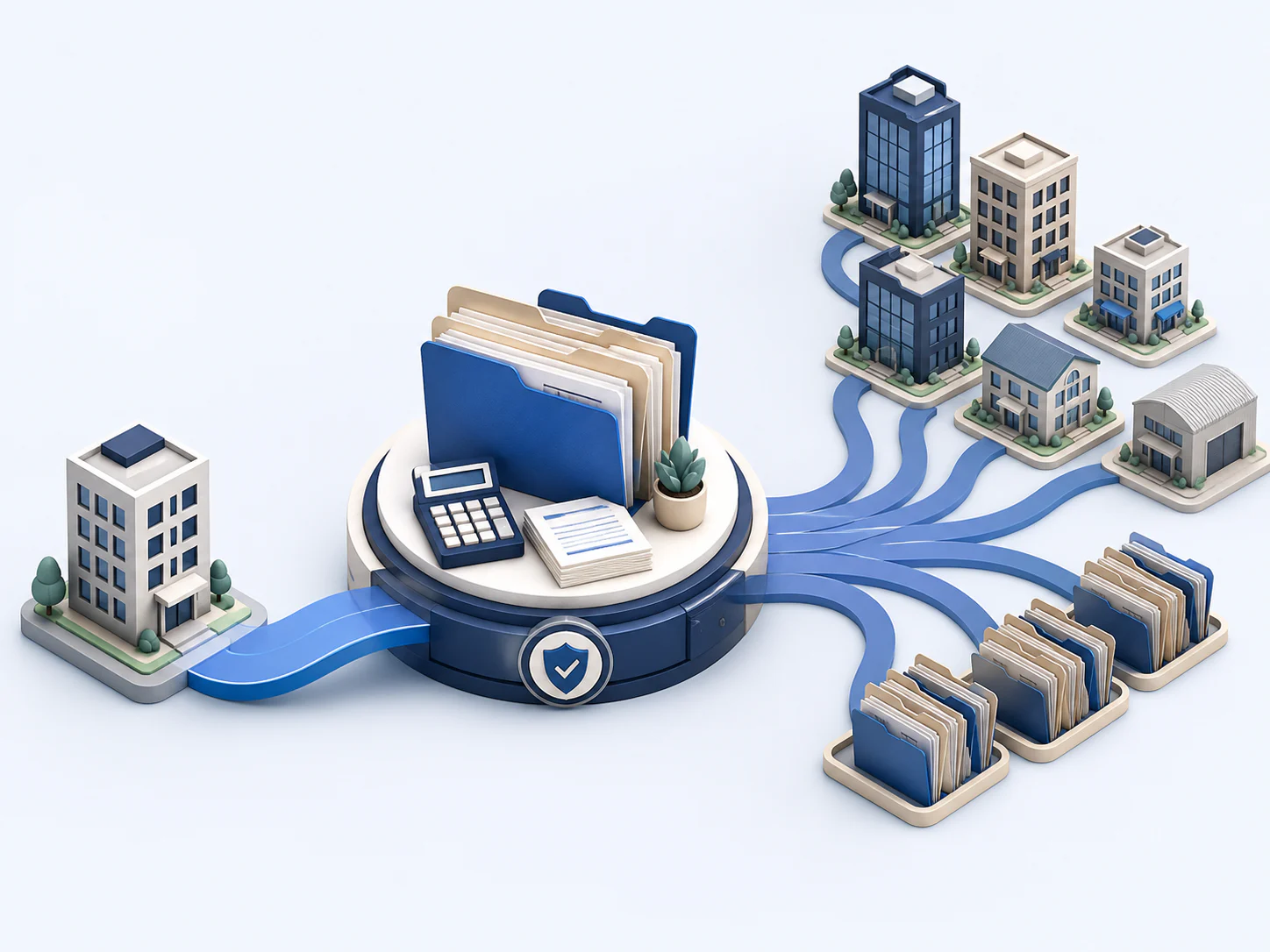 Illustration of one payroll process connecting a single employer with many client companies